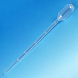 A clear plastic pipette against a blue gradient background.