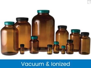 Various amber storage bottles with black caps