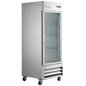 A tall commercial refrigerator with glass door and wheels.