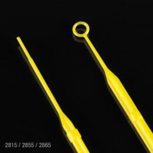 Close-up of two precision yellow tools with distinct tips on a black background.