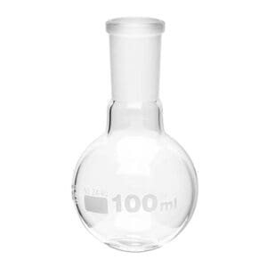 A 100 ml round-bottom laboratory flask with a white stopper.