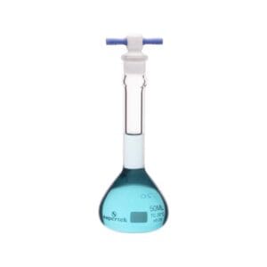 Blue liquid in a volumetric flask with a white and blue dispenser.