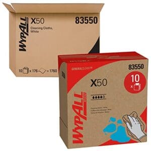 Boxes of WypAll X50 cleaning cloths, 10 rolls per box.