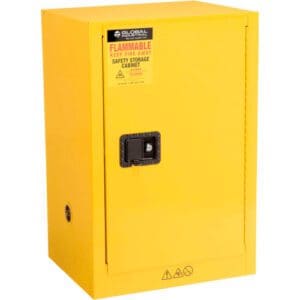 A yellow safety cabinet for storing flammable liquids.