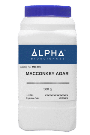 Container of MacConkey Agar from Alpha Bioscience.