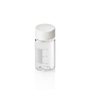 Transparent plastic bottle with a white cap and measurement markings.