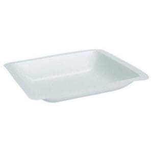 White rectangular ceramic serving dish with a small handle.