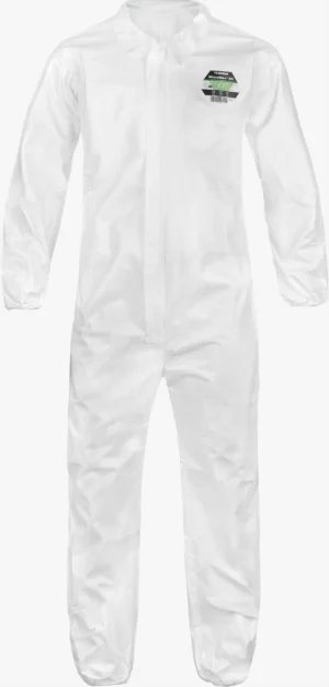 A white protective coverall suit with long sleeves and full legs.