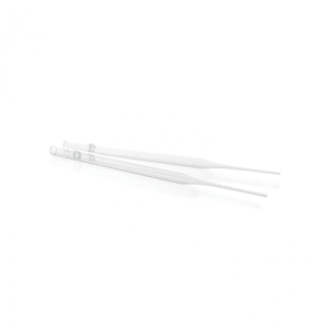 Two white plastic pipettes with tapered tips.